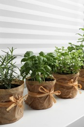 Different aromatic potted herbs on windowsill indoors