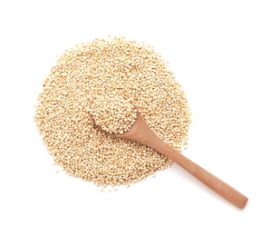 Pile of raw quinoa and spoon on white background, top view