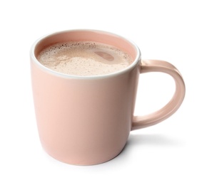 Photo of Mug with delicious hot cocoa drink on white background