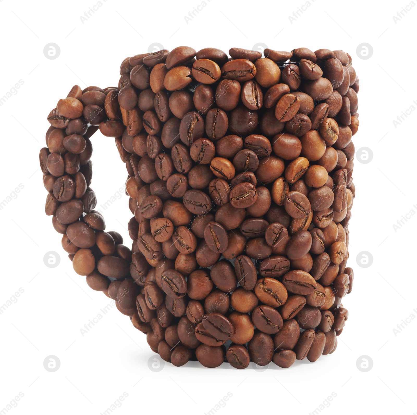 Photo of Cup of drink, composition made with coffee beans isolated on white