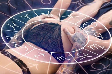 Sexual compatibility. Zodiac wheel and passionate couple having sex on bed, closeup