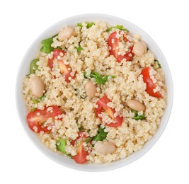 Photo of Delicious quinoa salad with tomatoes, beans and parsley isolated on white, top view