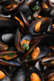 Photo of Delicious cooked mussels with parsley as background, closeup