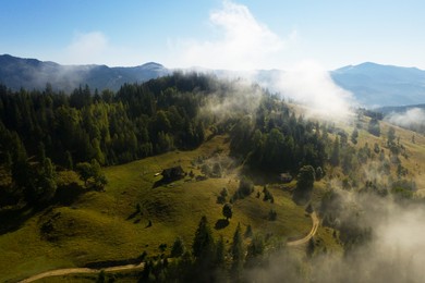 Image of Beautiful landscape with village and forest in misty mountains. Drone photography