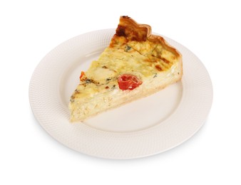 Piece of delicious homemade cheese quiche isolated on white