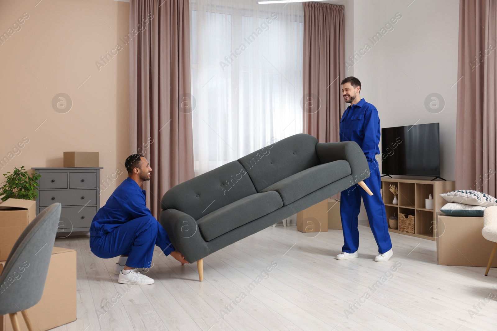 Photo of Male movers carrying sofa in new house