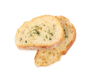 Photo of Pieces of tasty baguette with dill isolated on white, top view