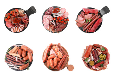 Set with different tasty sausages on white background, top view. Banner design