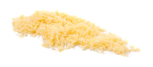 Pile of tasty grated cheese isolated on white