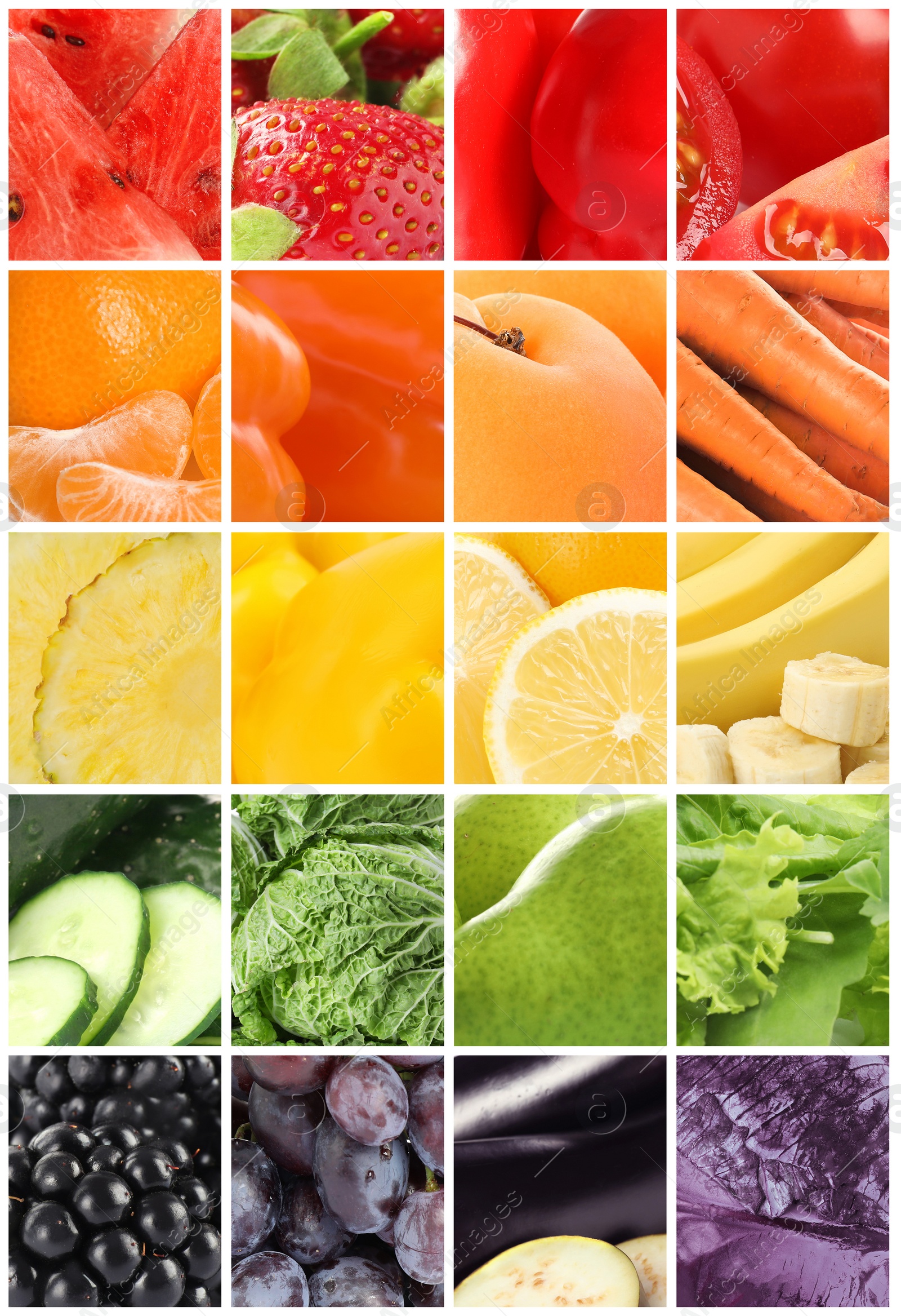 Image of Different fresh fruits, vegetables and berries, collage 