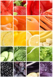 Image of Different fresh fruits, vegetables and berries, collage 