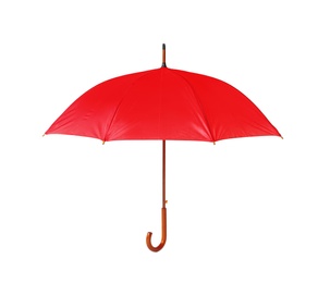 Photo of Modern opened red umbrella isolated on white