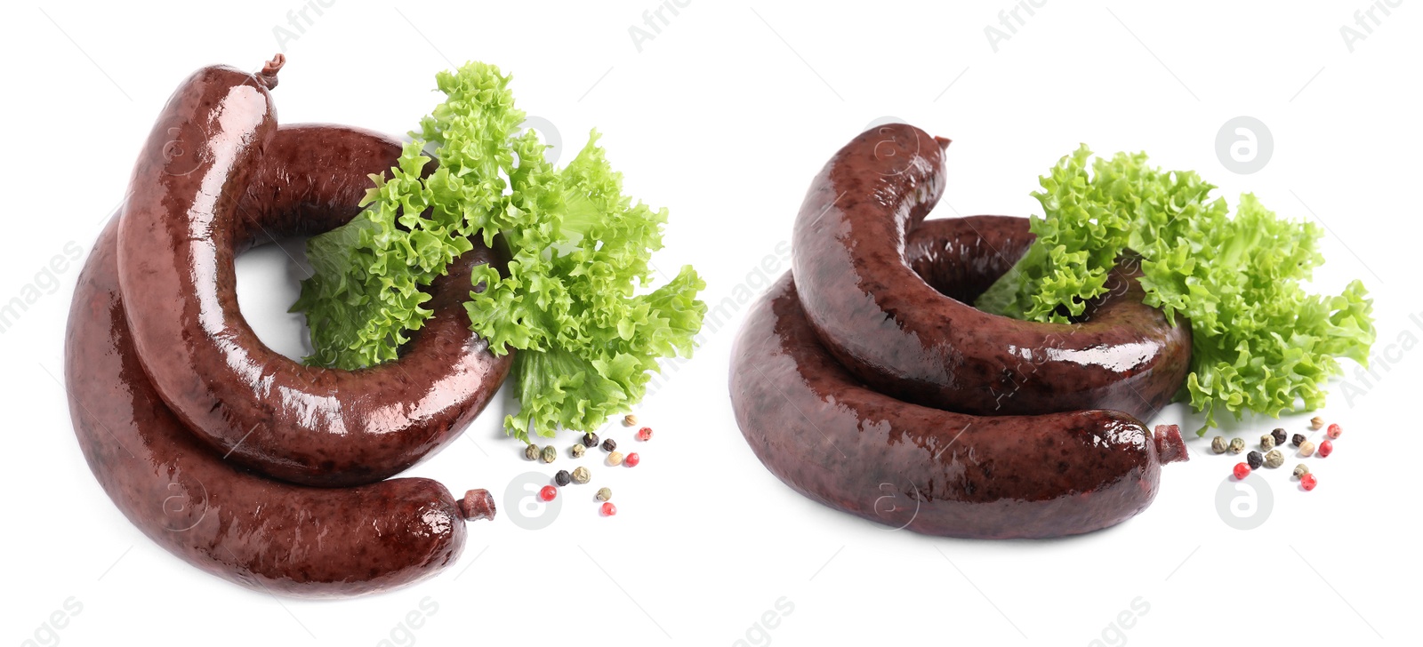 Image of Tasty blood sausages on white background, collage. Banner design