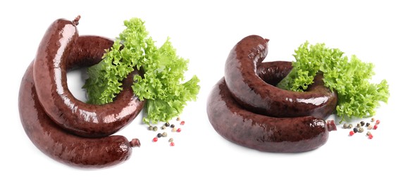 Image of Tasty blood sausages on white background, collage. Banner design