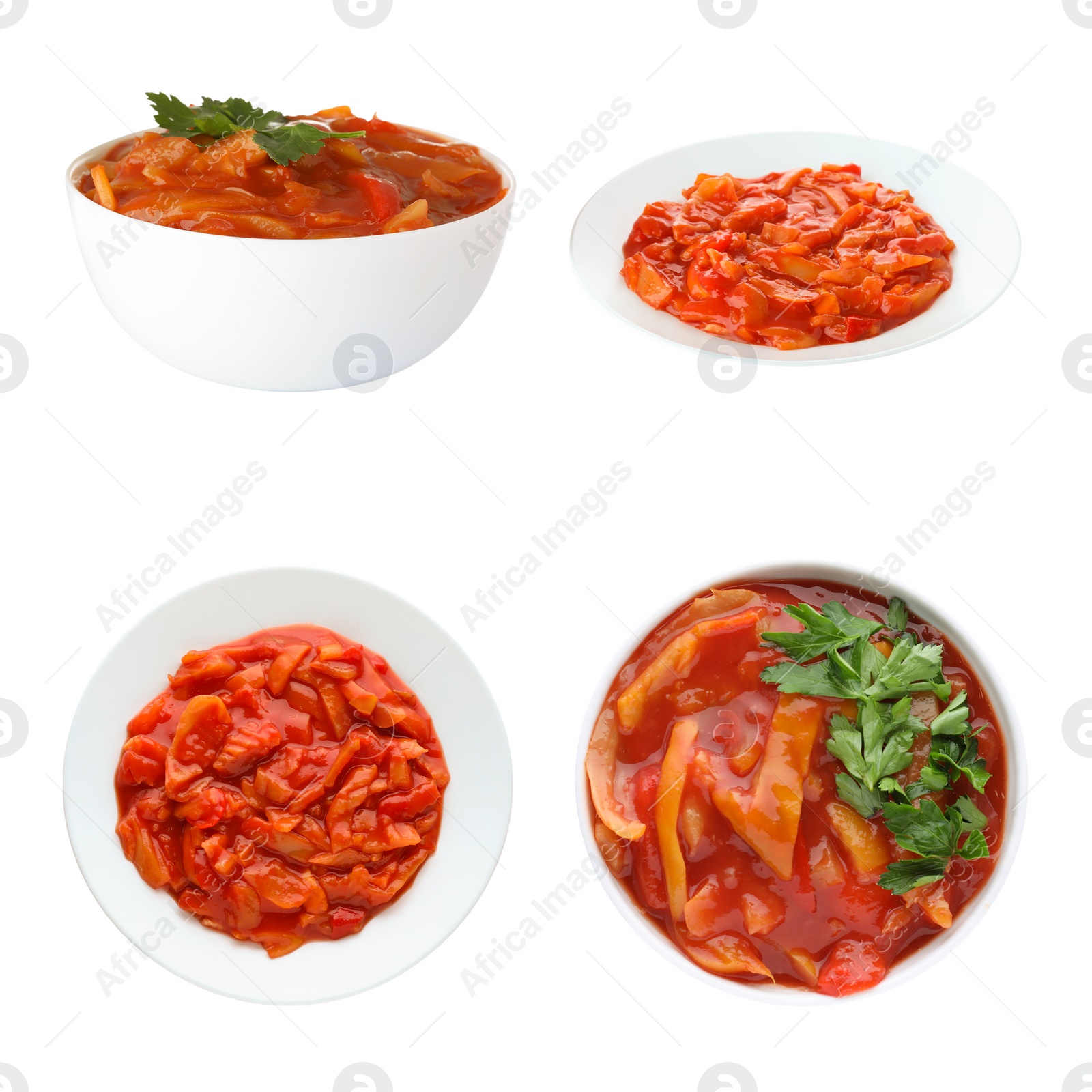 Image of Collage of lecho in bowls on white background, top and side views