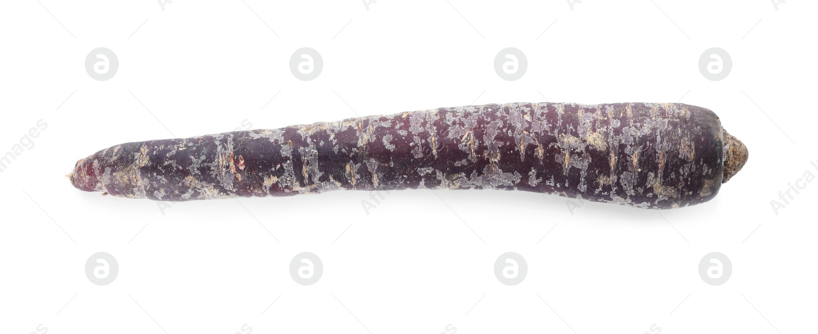 Photo of Raw black carrot isolated on white, top view