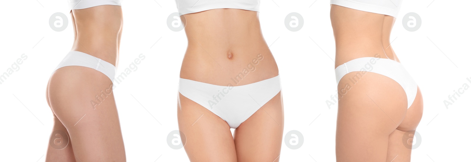 Image of Collage with photos of slim young woman showing smooth skin after epilation on white background, closeup. Banner design