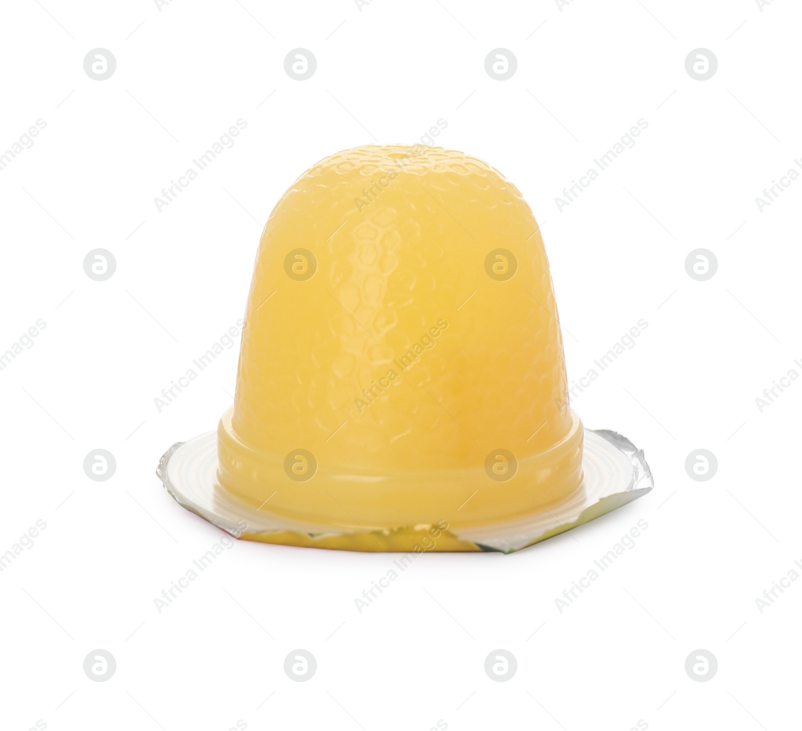 Photo of Delicious yellow jelly cup isolated on white