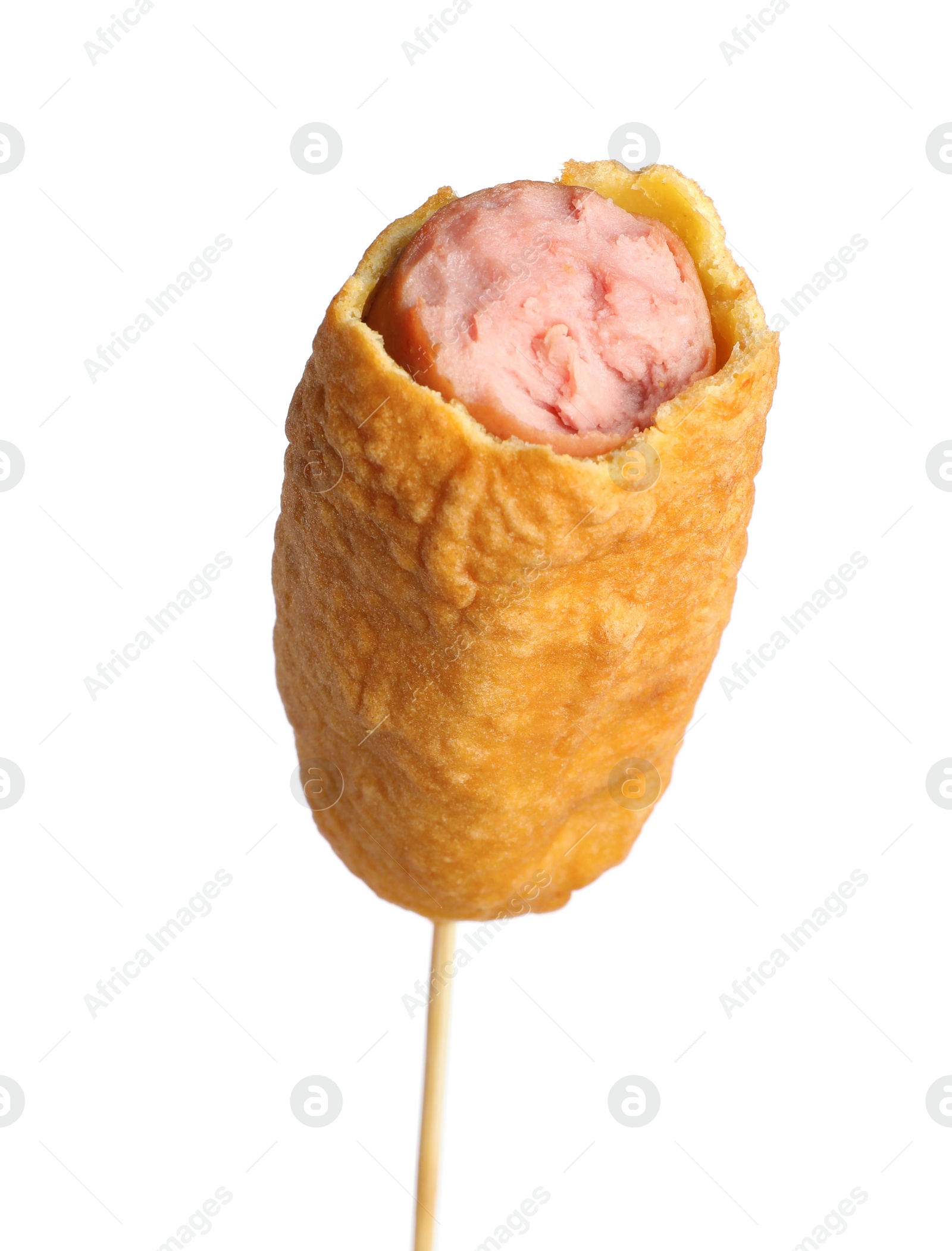 Photo of Delicious bitten corn dog isolated on white