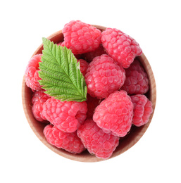 Photo of Delicious fresh ripe raspberries in bowl isolated on white, top view