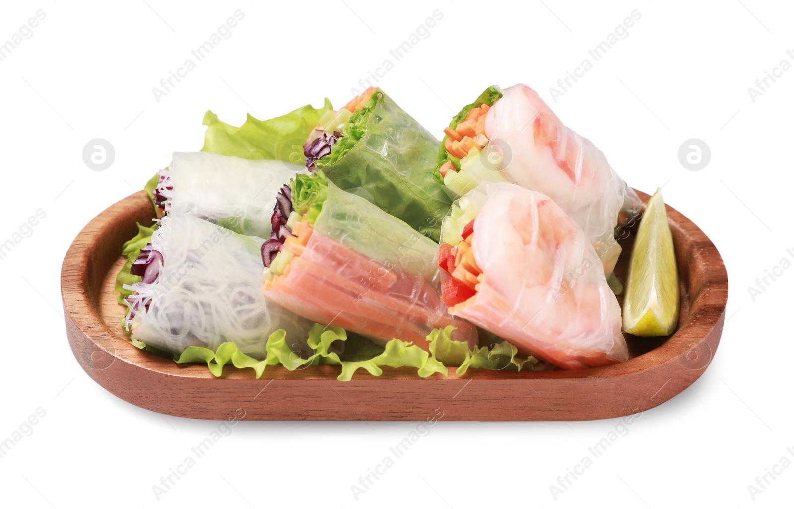 Photo of Tasty spring rolls served with lime on white background