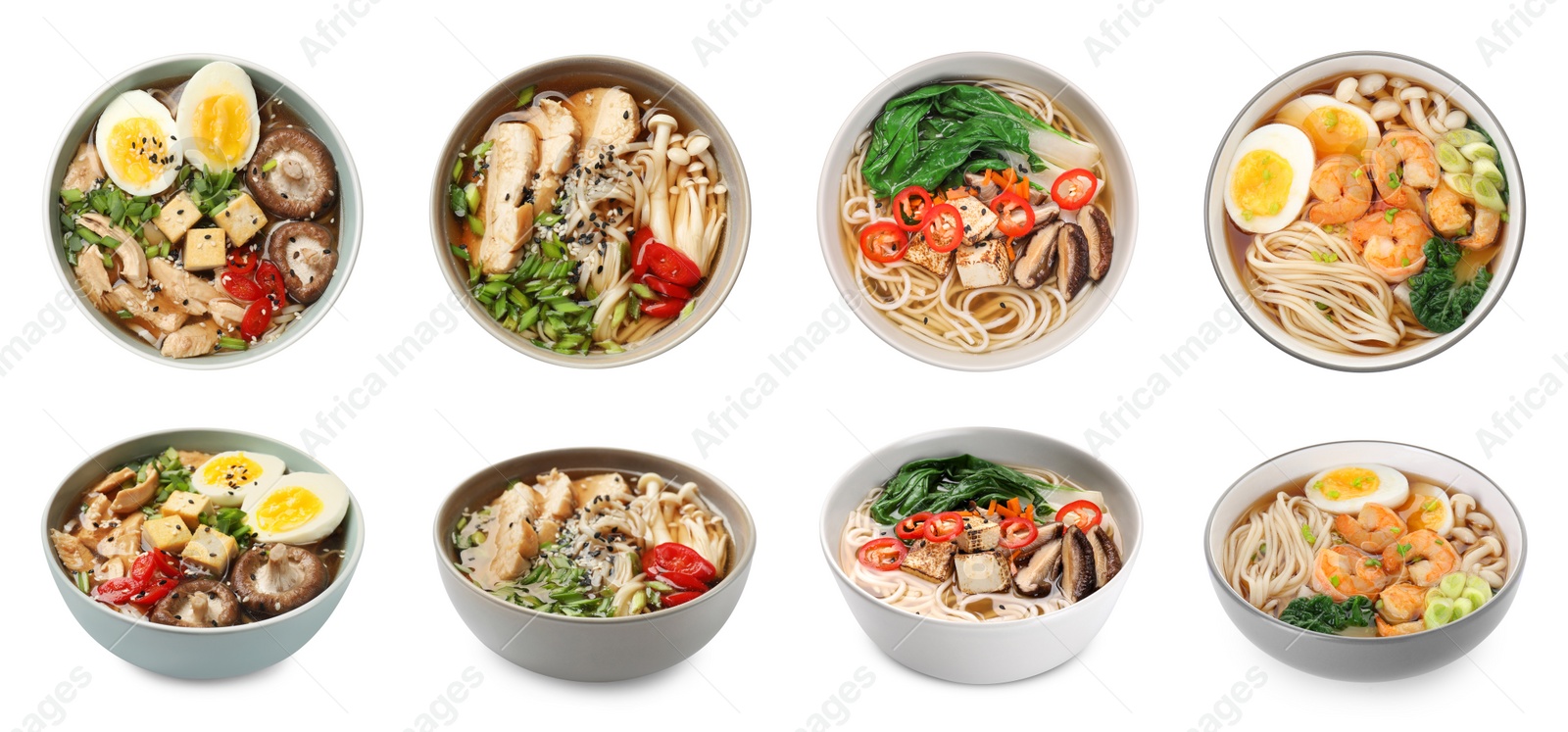 Image of Set with bowls of delicious ramen with different ingredients isolated on white, top and side views. Noodle soup