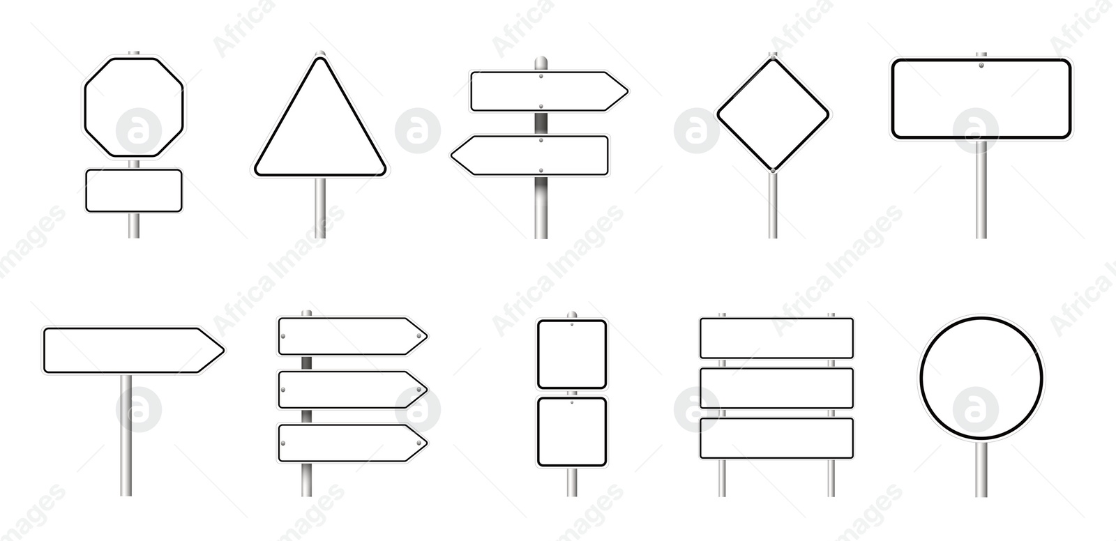 Image of Different blank road signs on white background, collage design