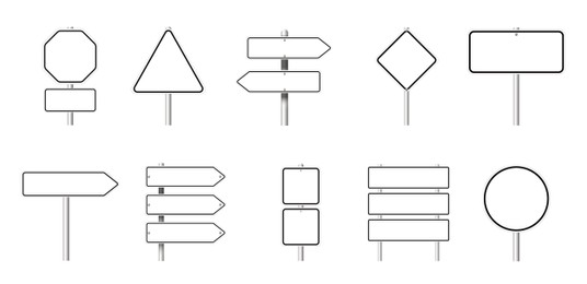 Image of Different blank road signs on white background, collage design