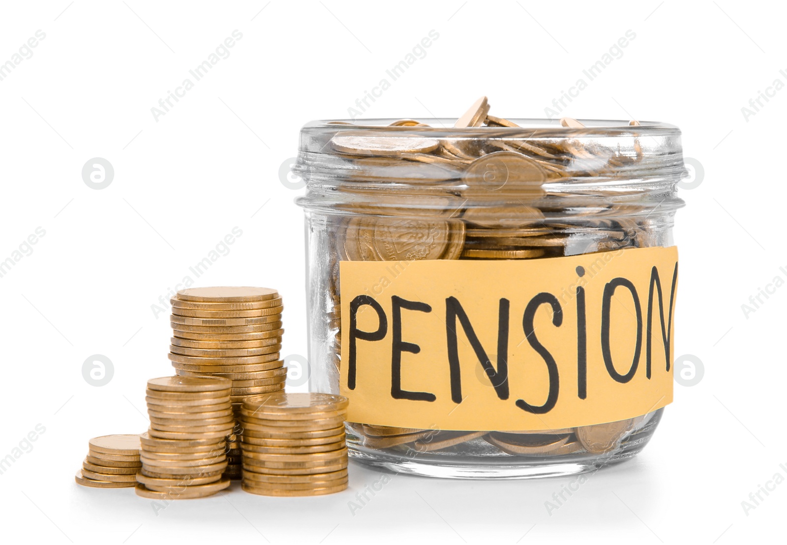 Photo of Glass jar with label "PENSION" and coins on white background