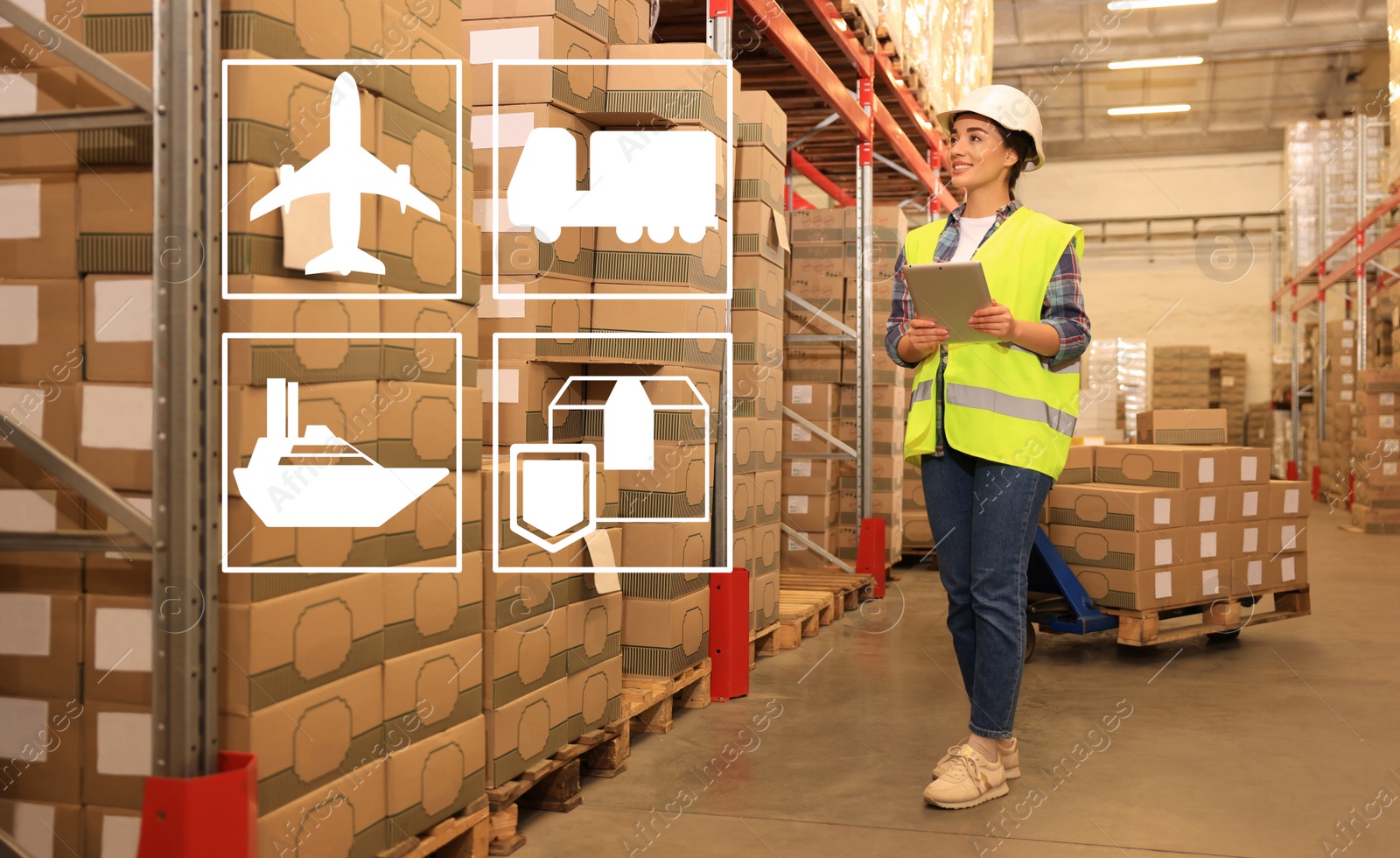 Image of Illustration of shipping icons and woman with tablet working at warehouse. Logistics center