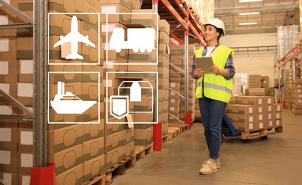 Image of Illustration of shipping icons and woman with tablet working at warehouse. Logistics center