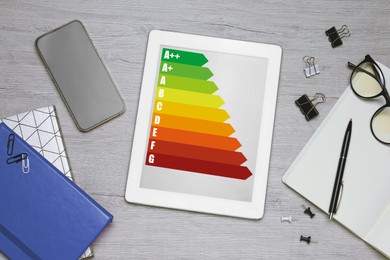 Image of Energy efficiency rating on tablet display. Flat lay composition on table