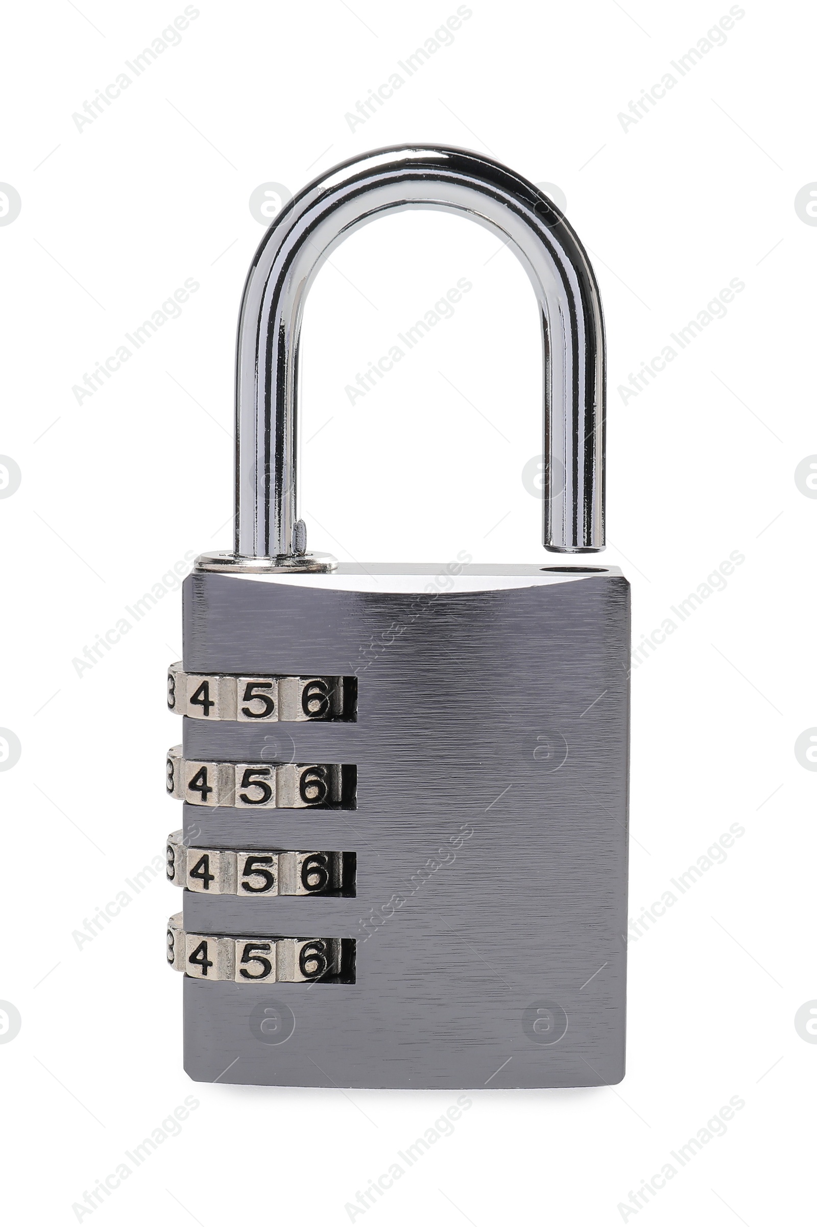 Photo of Locked steel combination padlock isolated on white