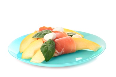 Photo of Plate with melon, mozzarella and prosciutto on white background