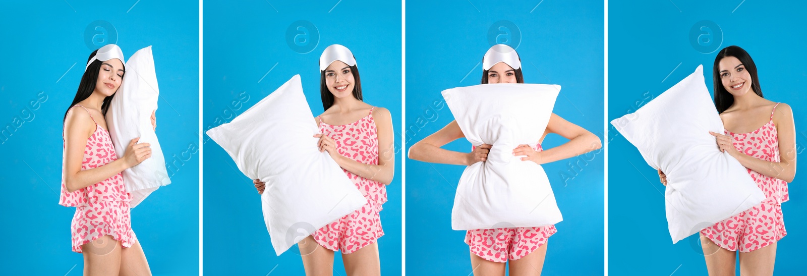 Image of Collage with photos of young woman holding soft pillows on blue background. Banner design