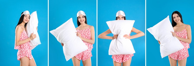 Collage with photos of young woman holding soft pillows on blue background. Banner design