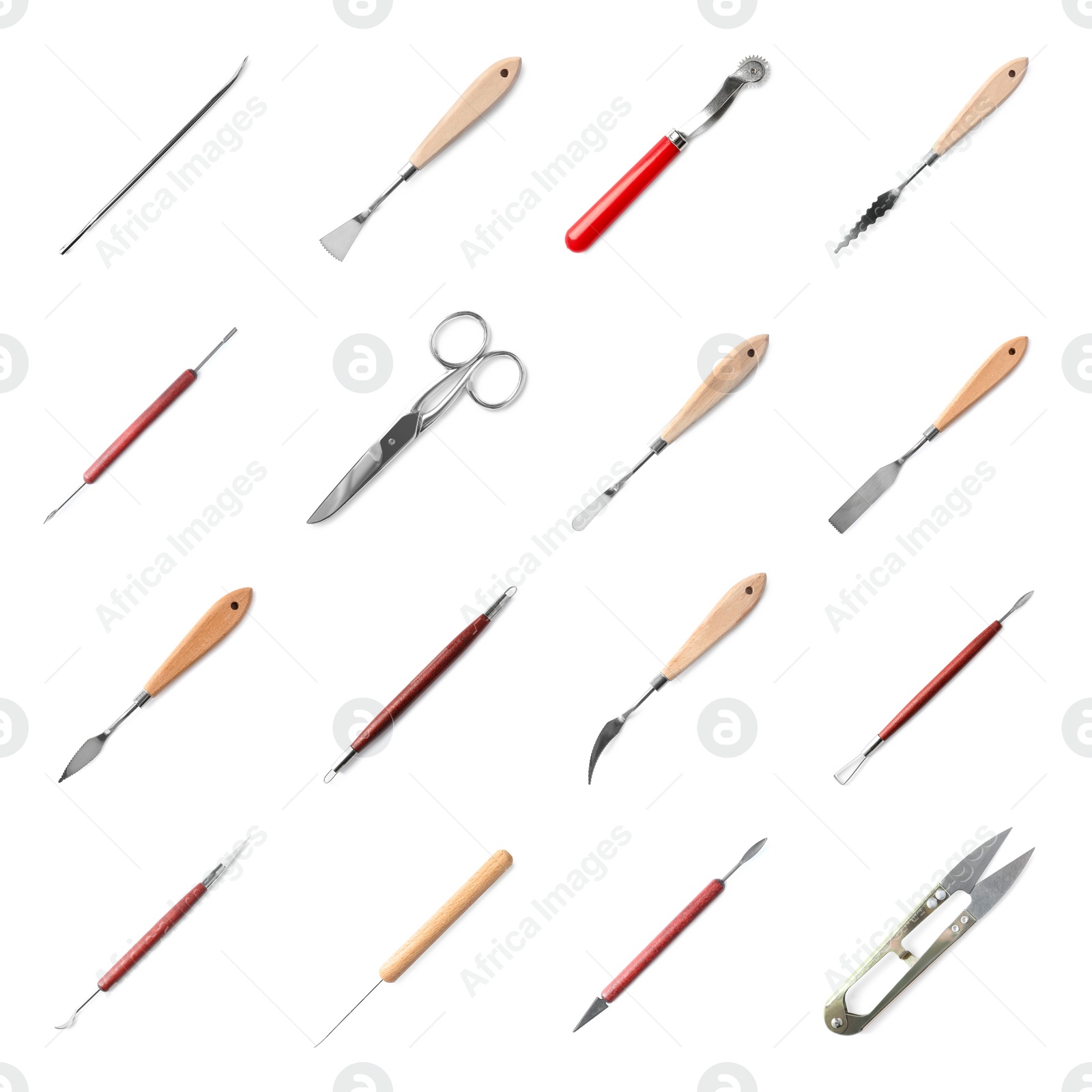 Image of Set with different leather working tools on white background, top view