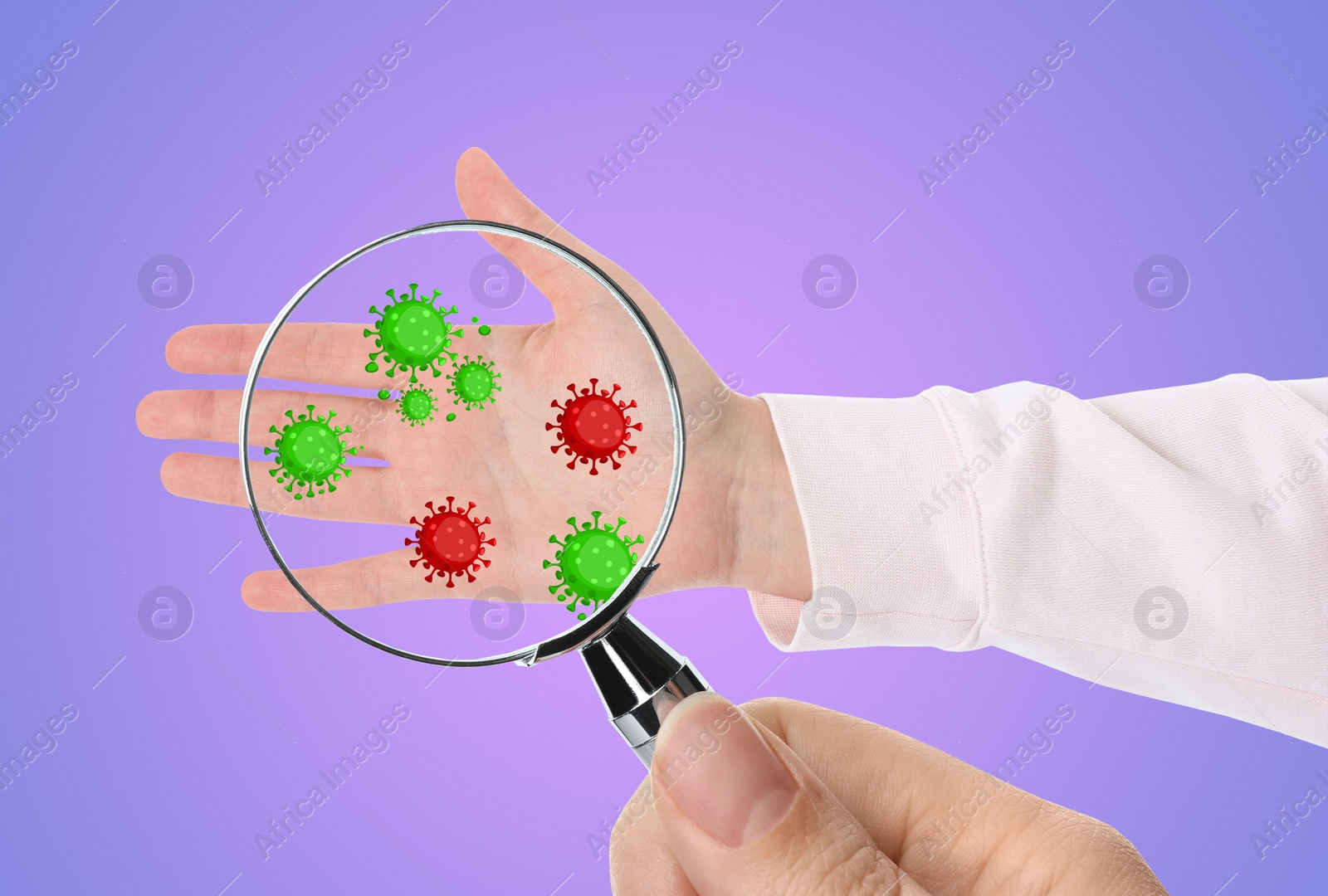 Image of Woman detecting bacteria with magnifying glass on lilac background, closeup. Prevention disease