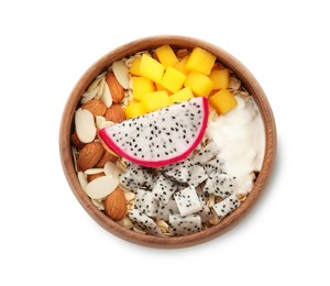 Bowl of granola with pitahaya, mango, almonds and yogurt isolated on white, top view