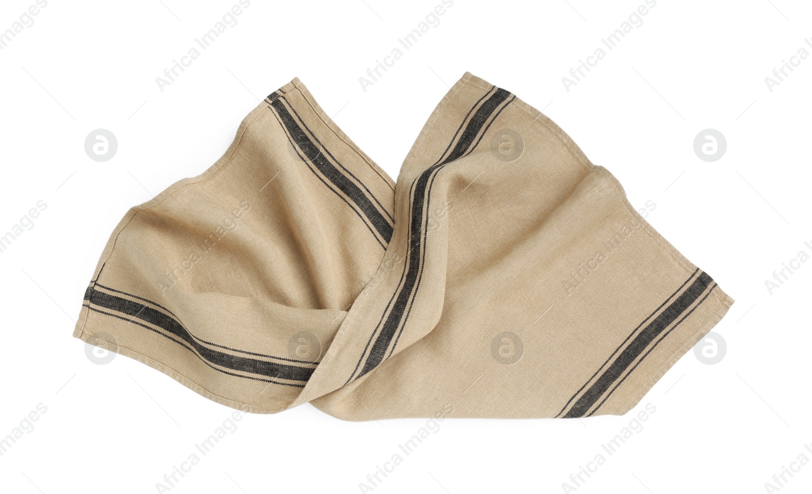 Photo of Beige cloth napkin with stripes isolated on white, top view