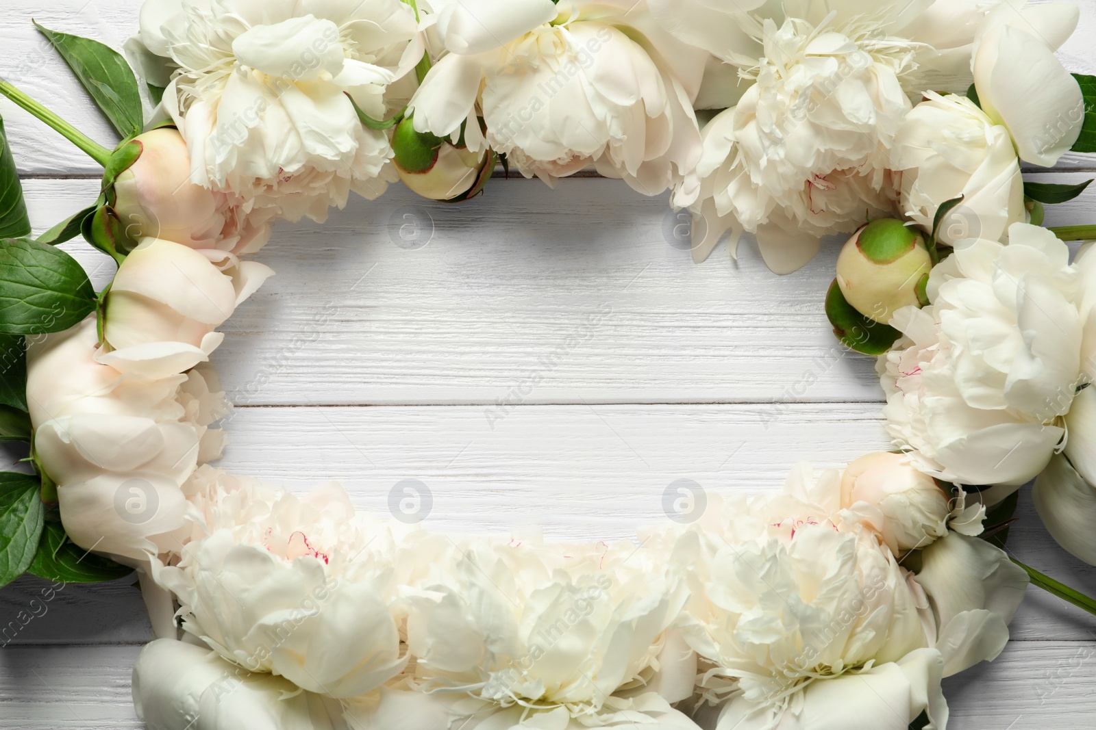 Photo of Flat lay composition with beautiful blooming peonies on wooden background