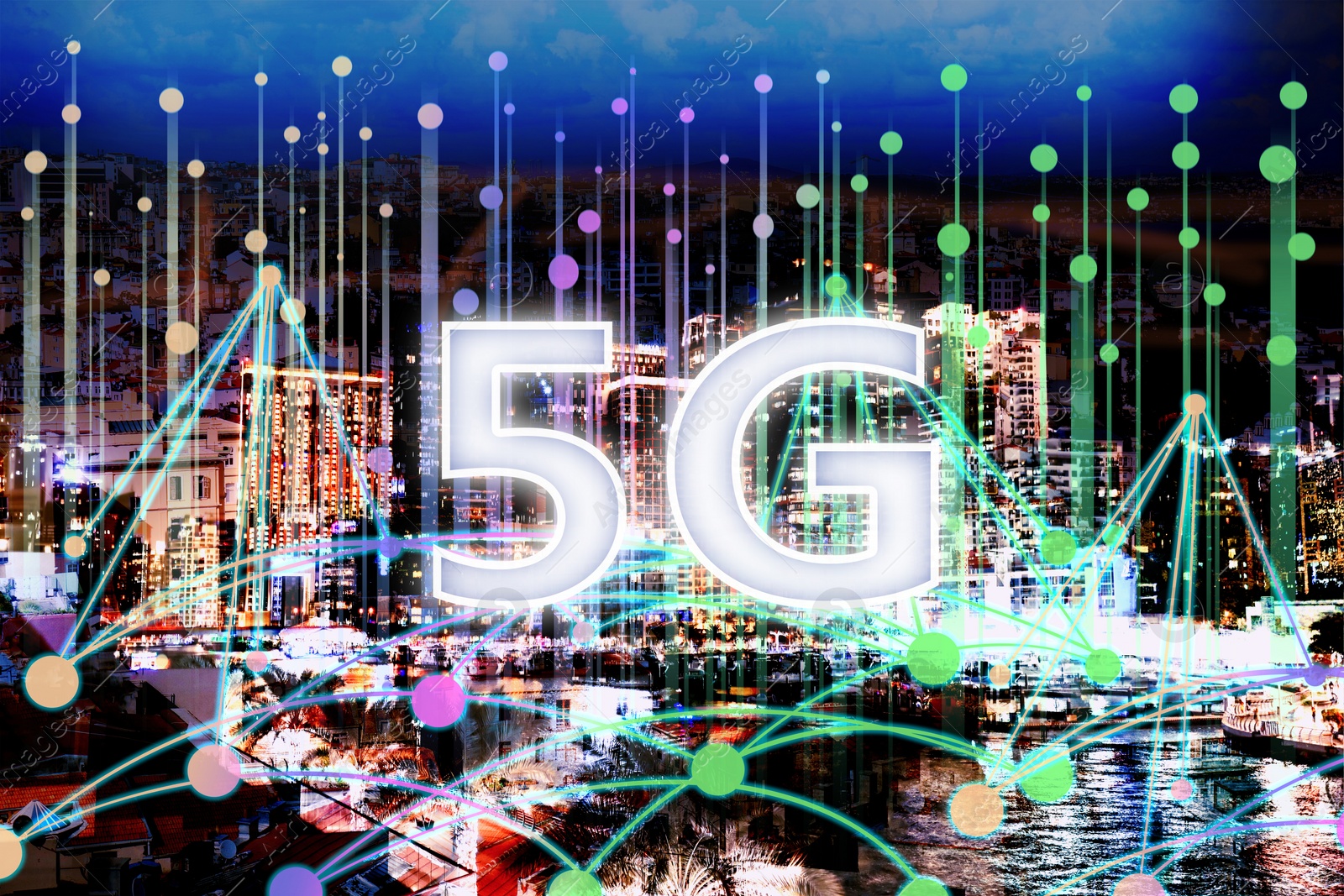 Image of 5G network wireless system. Beautiful cityscape and network connection lines 