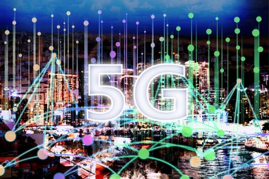 Image of 5G network wireless system. Beautiful cityscape and network connection lines 