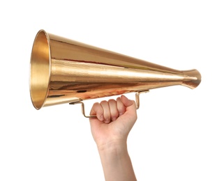 Photo of Woman holding retro megaphone on white background