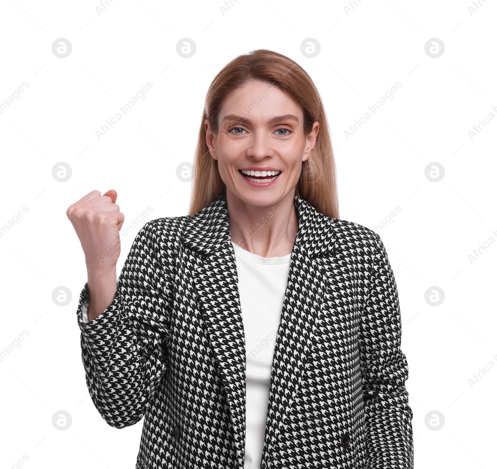 Photo of Beautiful excited businesswoman in suit on white background