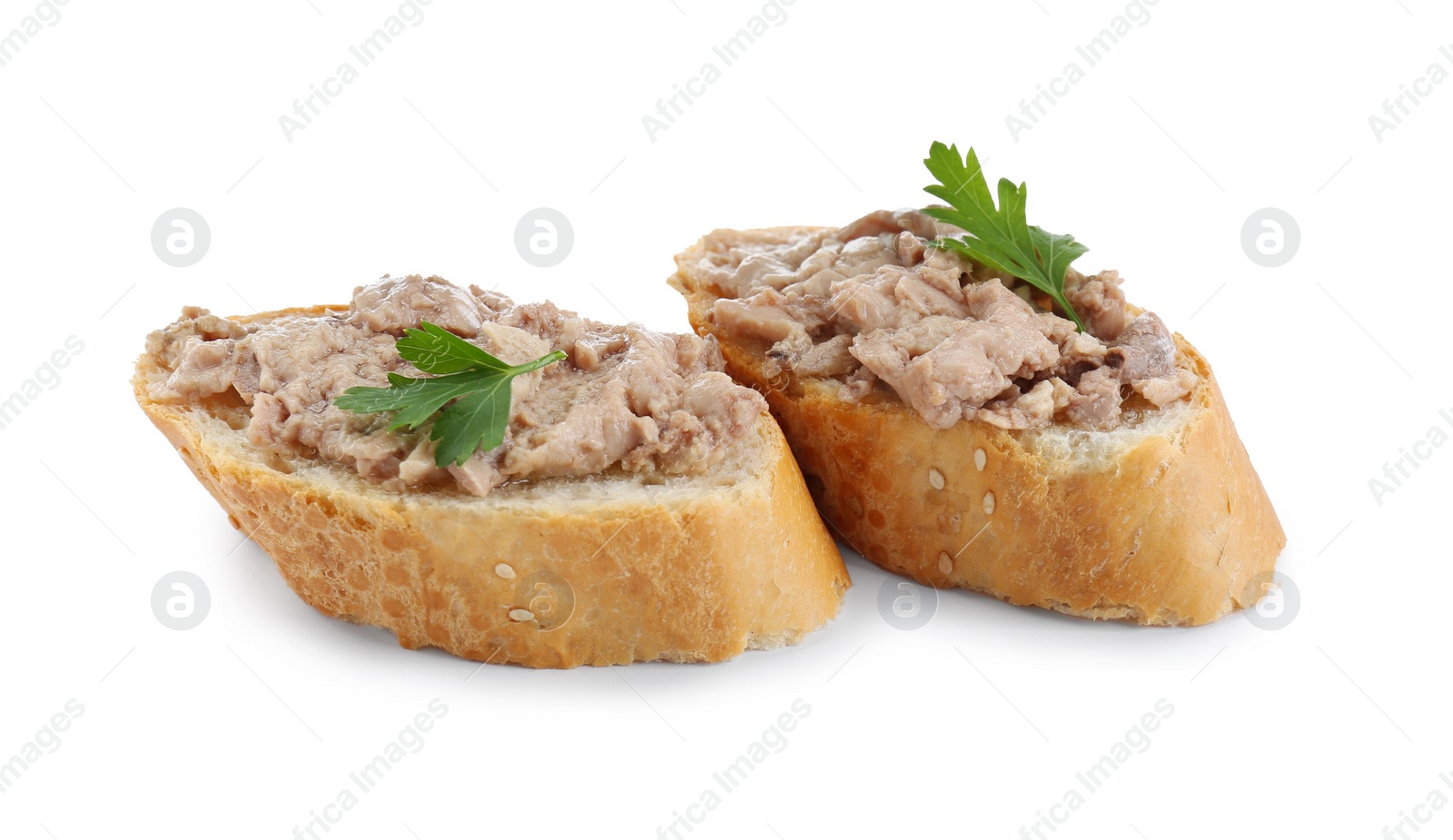 Photo of Tasty sandwiches with cod liver and fresh parsley isolated on white