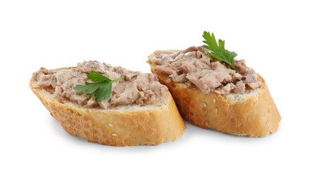 Tasty sandwiches with cod liver and fresh parsley isolated on white