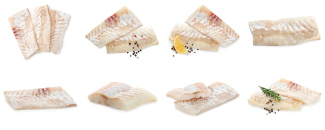 Image of Pieces of raw cod fish isolated on white, set