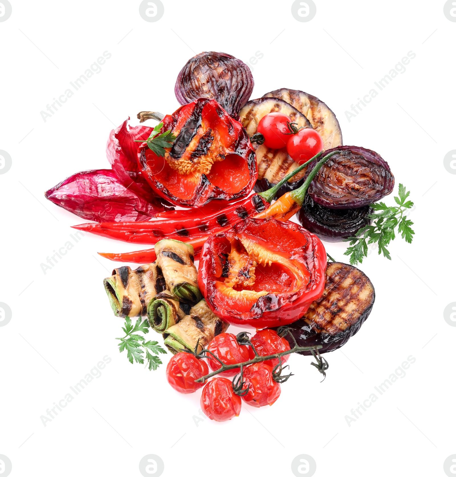 Photo of Different delicious grilled vegetables isolated on white, top view