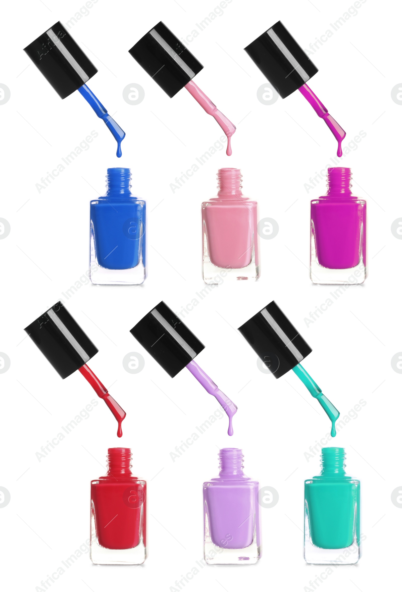 Image of Set of different nail polishes dripping on white background